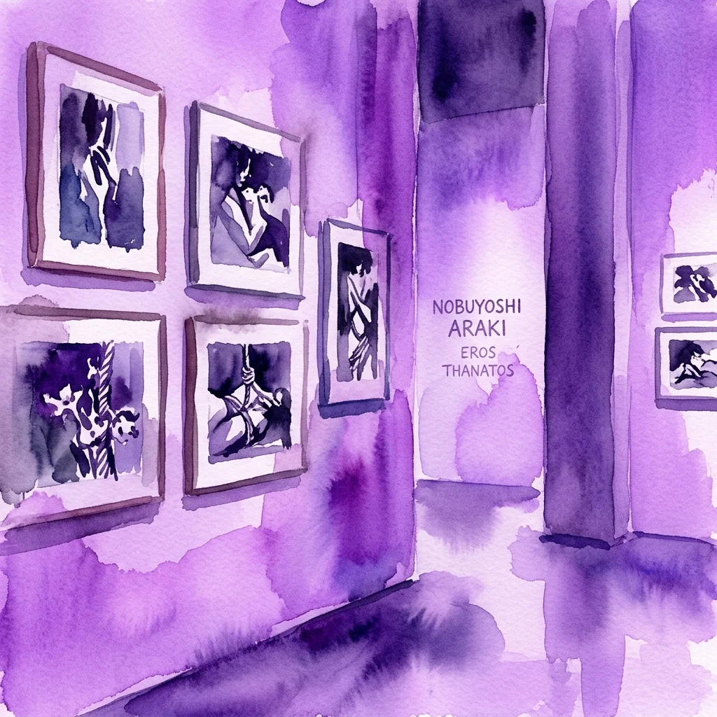 Een aquarelillustratie van een kunstgalerie met paarse muren, waarop zwart-witfoto's van Nobuyoshi Araki worden tentoongesteld, met de tekst 'NOBUYOSHI ARAKI EROS THANATOS' op een pilaar.