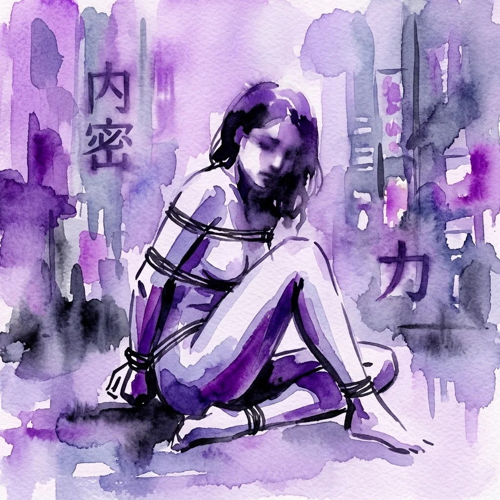 Una acuarela que representa una figura atada en tonos morados y negros, con caracteres japoneses, representando temas de intimidad y poder en la exposición de Nobuyoshi Araki.