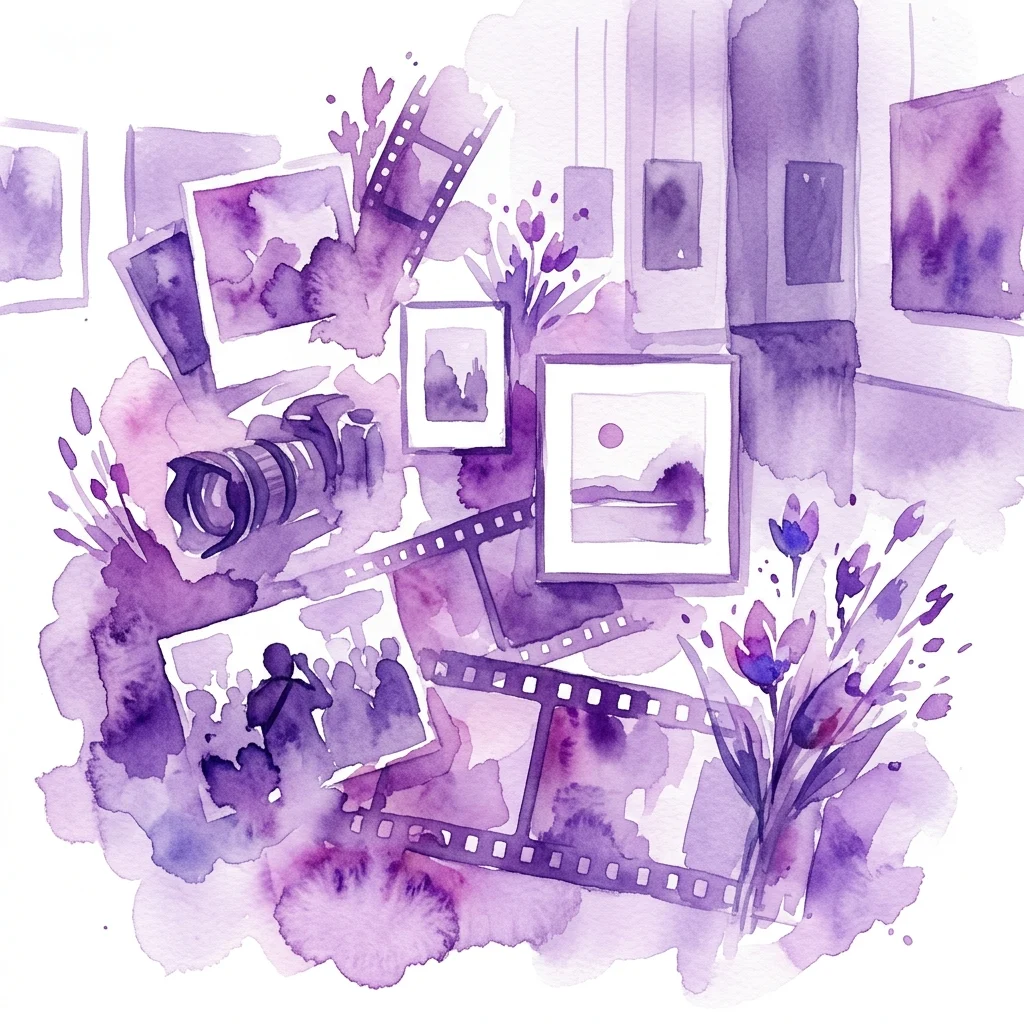 Una ilustración en acuarela morada que representa un collage de elementos de fotografía que incluyen una cámara, tiras de película, fotos enmarcadas y flores, ambientado en un espacio de galería.
