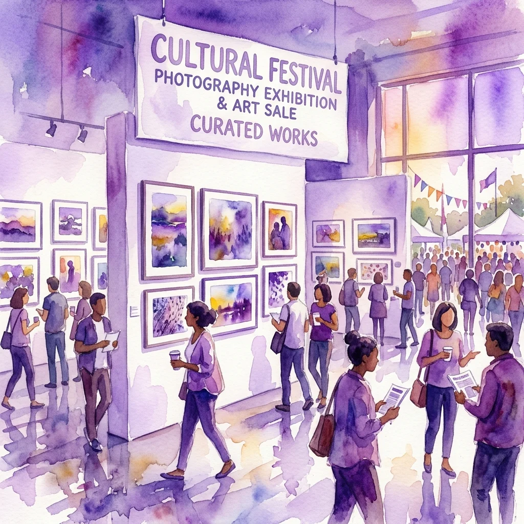 Watercolor illustration of a cultural festival photography exhibition and art sale, featuring curated artworks on display in a gallery with visitors browsing.