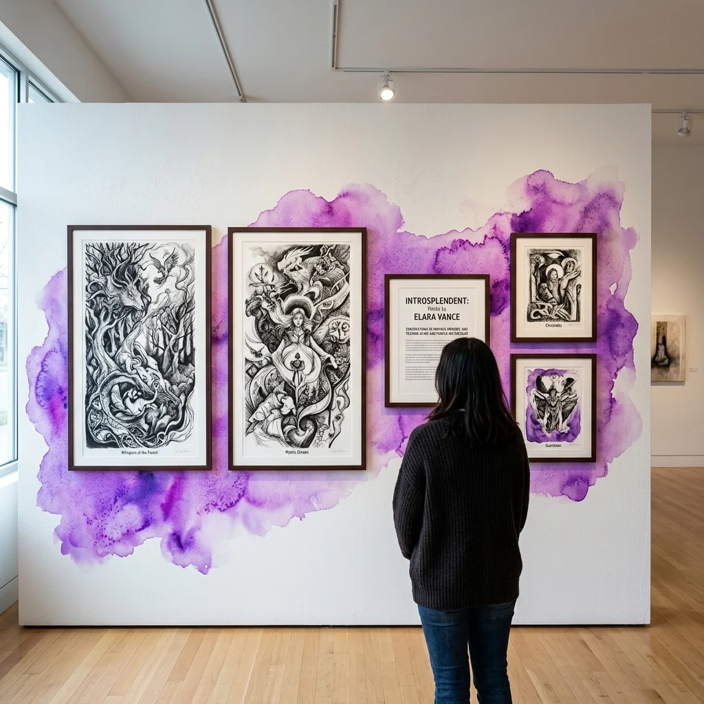 Un visitante observa una exposición de detallados dibujos en blanco y negro de Peter Kokoefer, expuestos en una pared con un fondo de acuarela púrpura en una galería contemporánea.