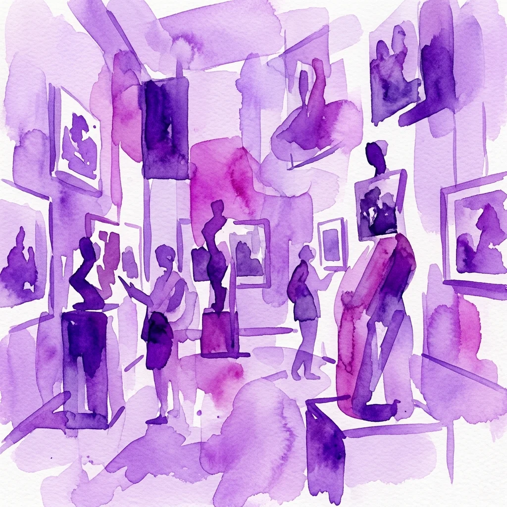 Ilustracja akwarelowa współczesnej galerii sztuki w odcieniach fioletu, przedstawiająca sylwetki zwiedzających oglądających oprawione dzieła sztuki i rzeźby, nawiązująca do tematu fotografii jako rzeźby i rzeźby jako fotografii.