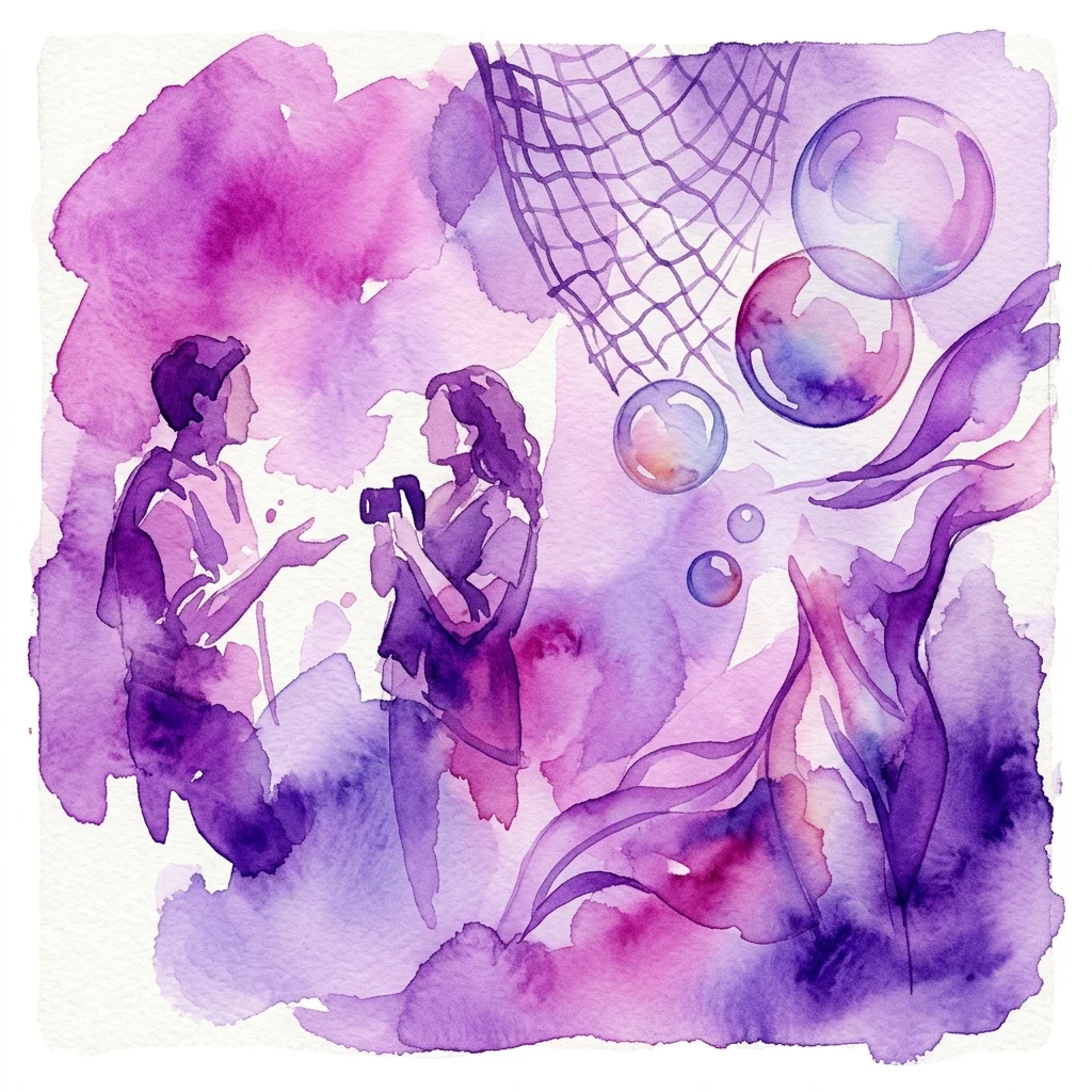 Een aquarelillustratie in paarse tinten die twee figuren in gesprek afbeeldt, waarvan er één een camera vasthoudt, omringd door zeepbellen, een net en stromende stof, die een fotografische dialoog symboliseren.