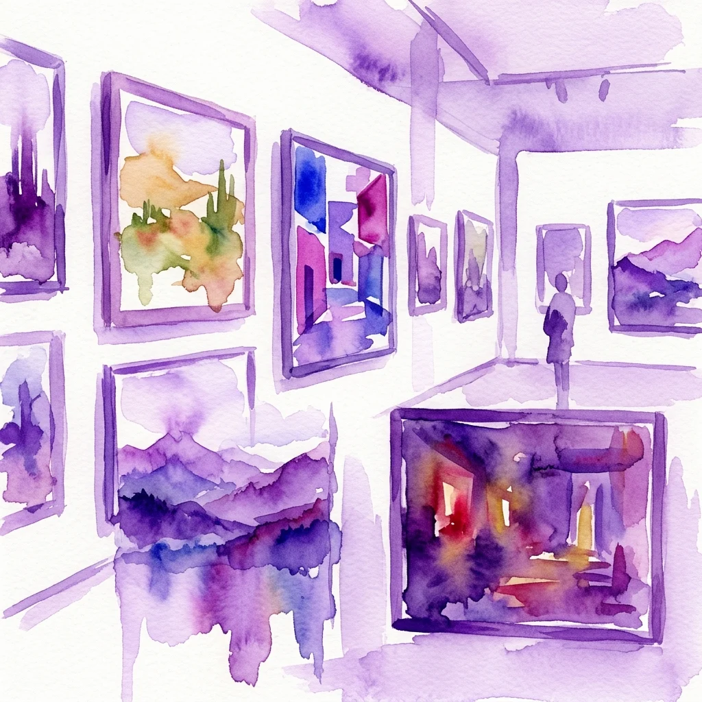 Waterverfillustratie van een kunstgalerie met paarsgetinte schilderijen aan witte muren, een bezoeker die kunst bekijkt en een moderne galerie setting.