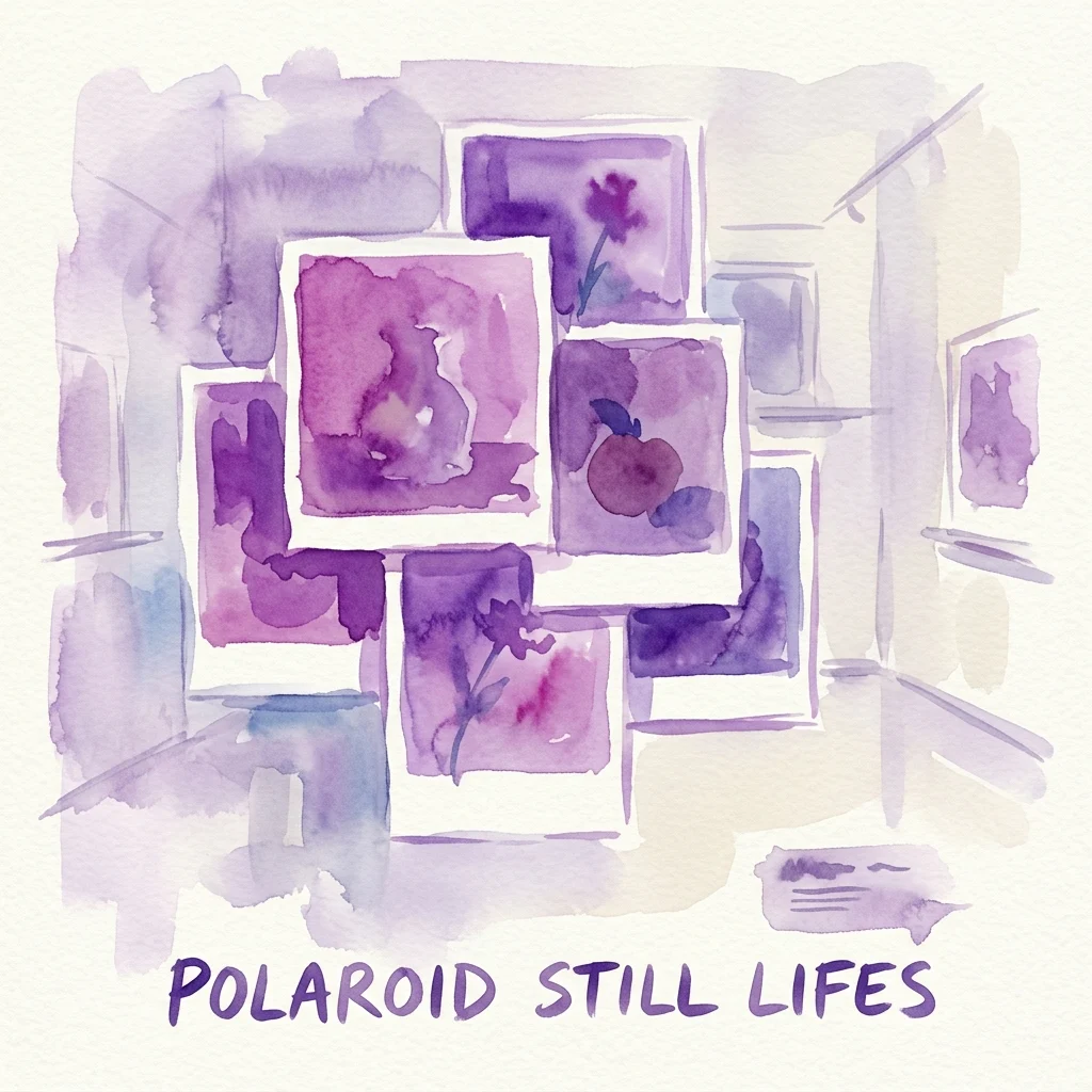 Waterverfillustratie van Polaroid-stillevens gefotografeerd in een galerijopstelling, met paarse en roze tinten en bloemen- en fruitmotieven.