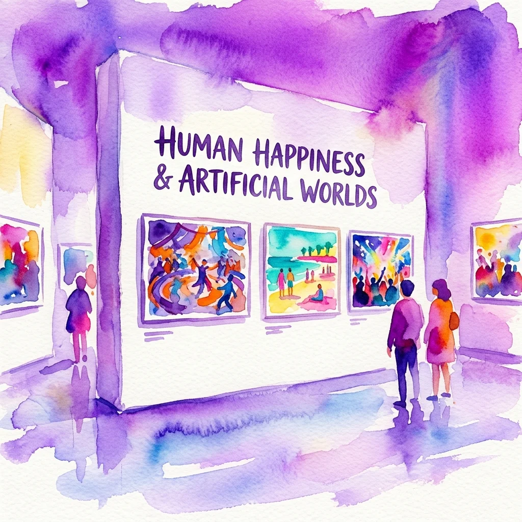 Watercolor illustration of an art gallery exhibition titled 'Human Happiness & Artificial Worlds' featuring vibrant chromogenic prints of diverse scenes like circuses, resorts, and event culture, viewed by visitors.