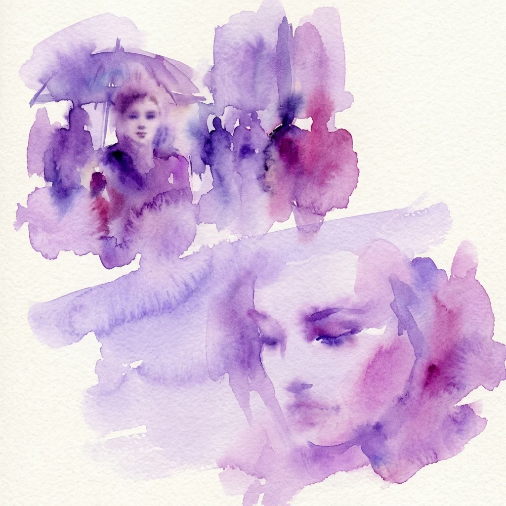 Een aquarel in paarse en roze tinten die een vrouwen gezicht en een figuur met een paraplu weergeeft, met thema's van verlangen en stadsleven.