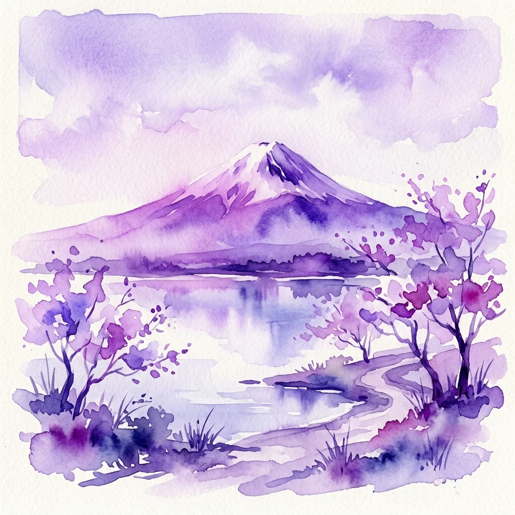 A serene watercolor painting of Mount Fuji in purple hues, surrounded by cherry blossoms and a reflective lake, evoking a poetic Japanese landscape.