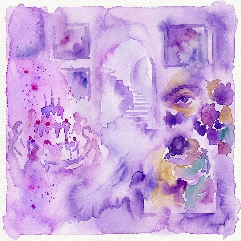 A surreal watercolor artwork in purple and lavender hues depicting a dreamlike scene with a cake, figures, and an eye, evoking themes of reality and illusion.