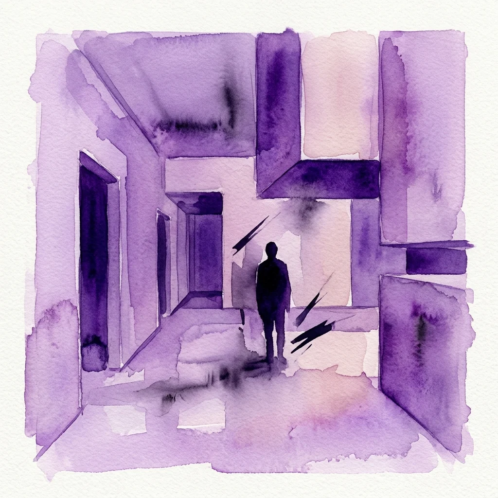 Ilustracja akwarelowa samotnej postaci stojącej w geometrycznym, fioletowym korytarzu, budząca poczucie niepokoju i napięcia, charakterystyczna dla kadrów fotograficznych Ulricha Seidla.