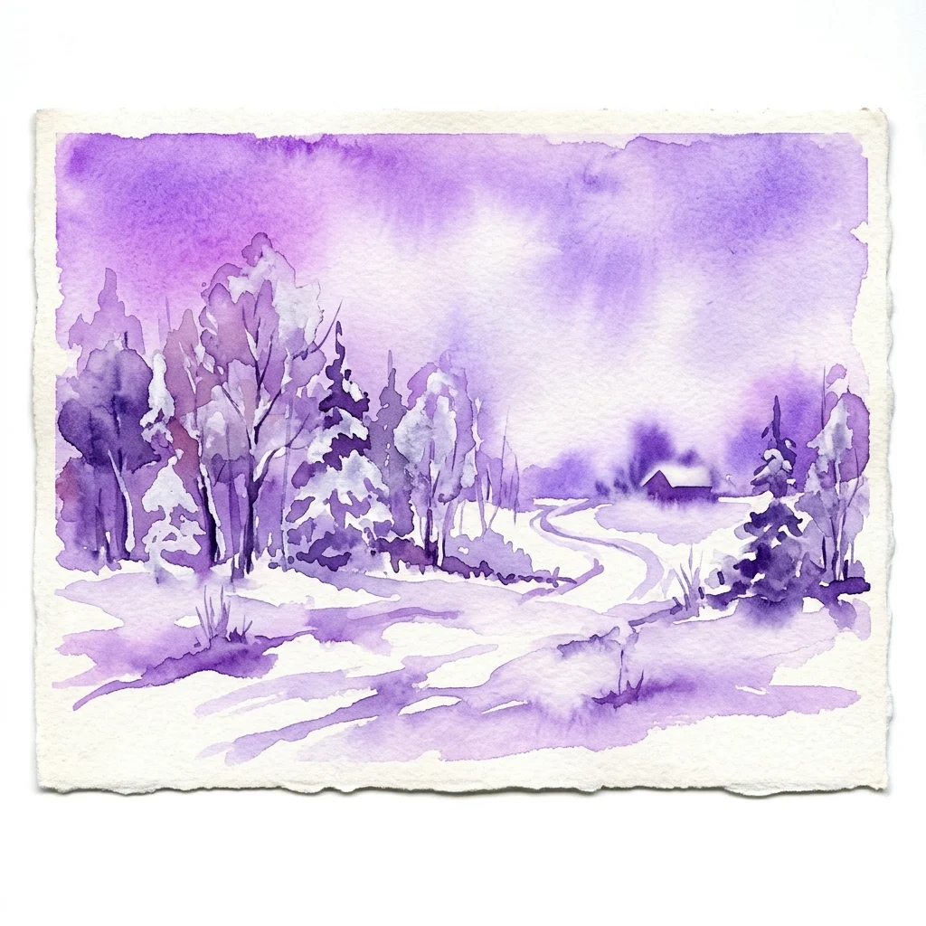 A watercolor painting of a snowy winter landscape with purple hues, featuring snow-covered trees and a winding path leading to a distant cabin.