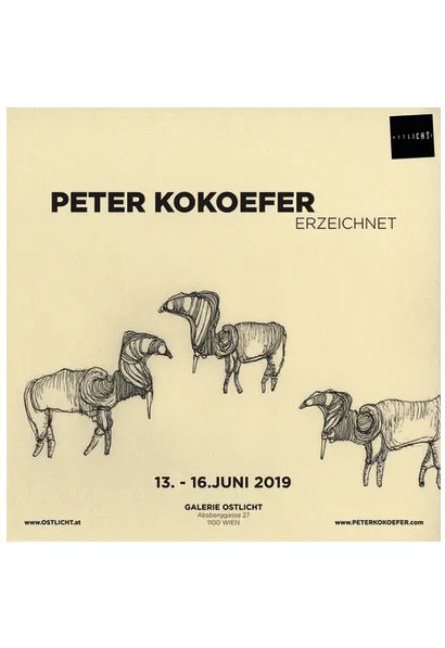 Póster promocional de la exposición 'Erzeichnet' de Peter Kokoefner en la OstLicht Gallery, que muestra dibujos a lápiz de animales envueltos y detalles del evento.