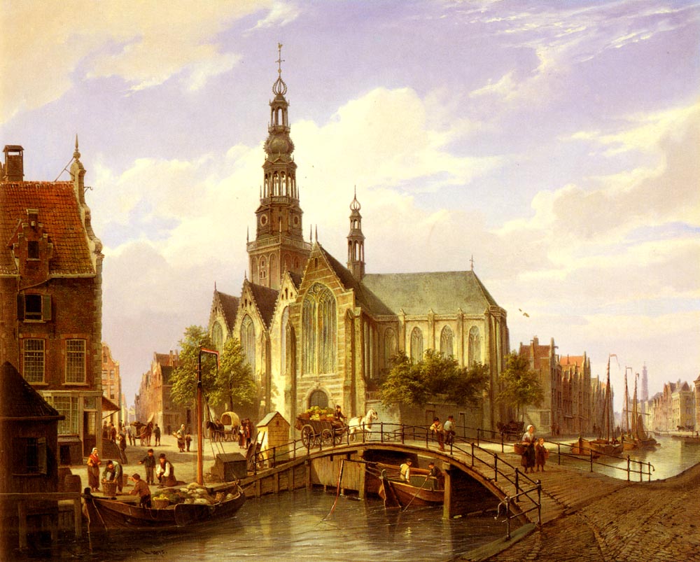 A painting of the Oude Kerk with a tall spire, surrounded by a canal, boats, and a bridge in Amsterdam