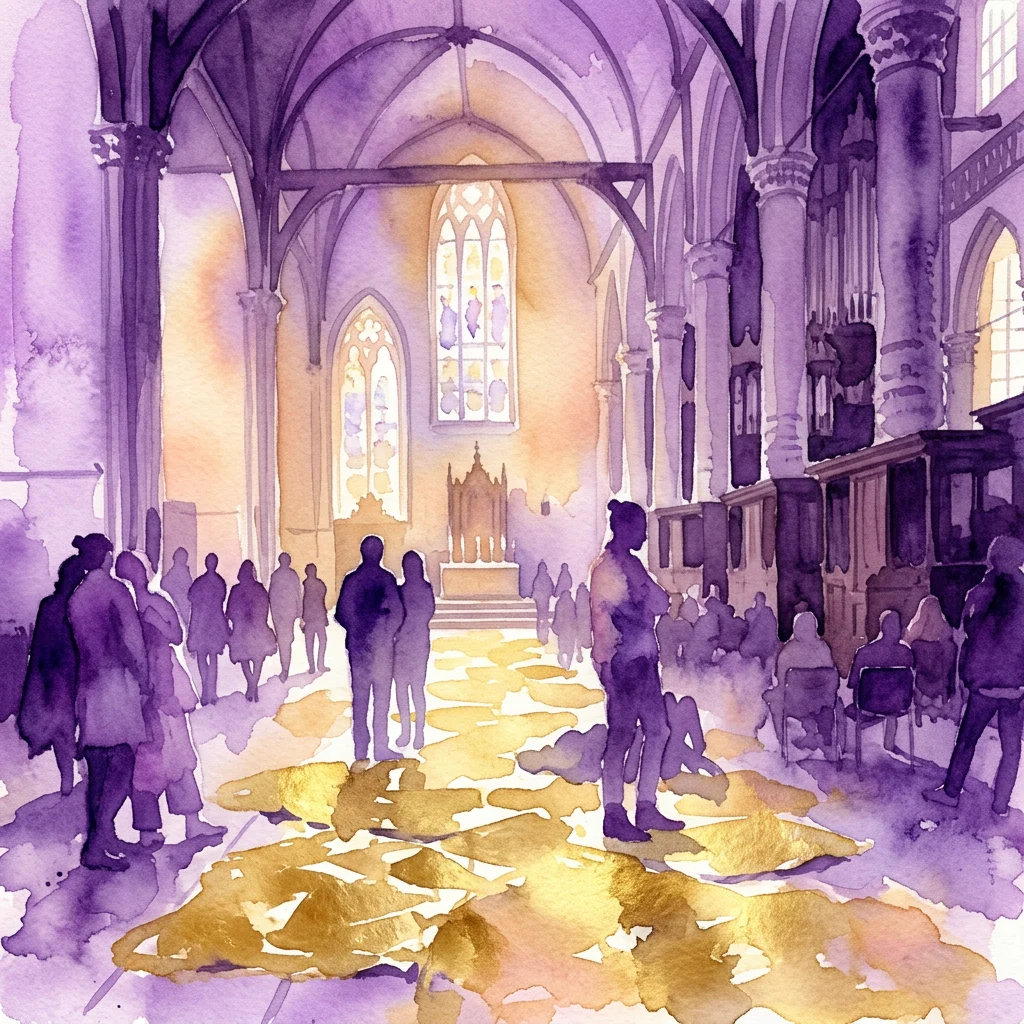 Representación en acuarela de la instalación de Sarah van Sonsbeeck en la Oude Kerk, con mantas doradas de rescate extendidas por el suelo, y figuras silueteadas observando la obra de arte en el interior de la histórica iglesia.