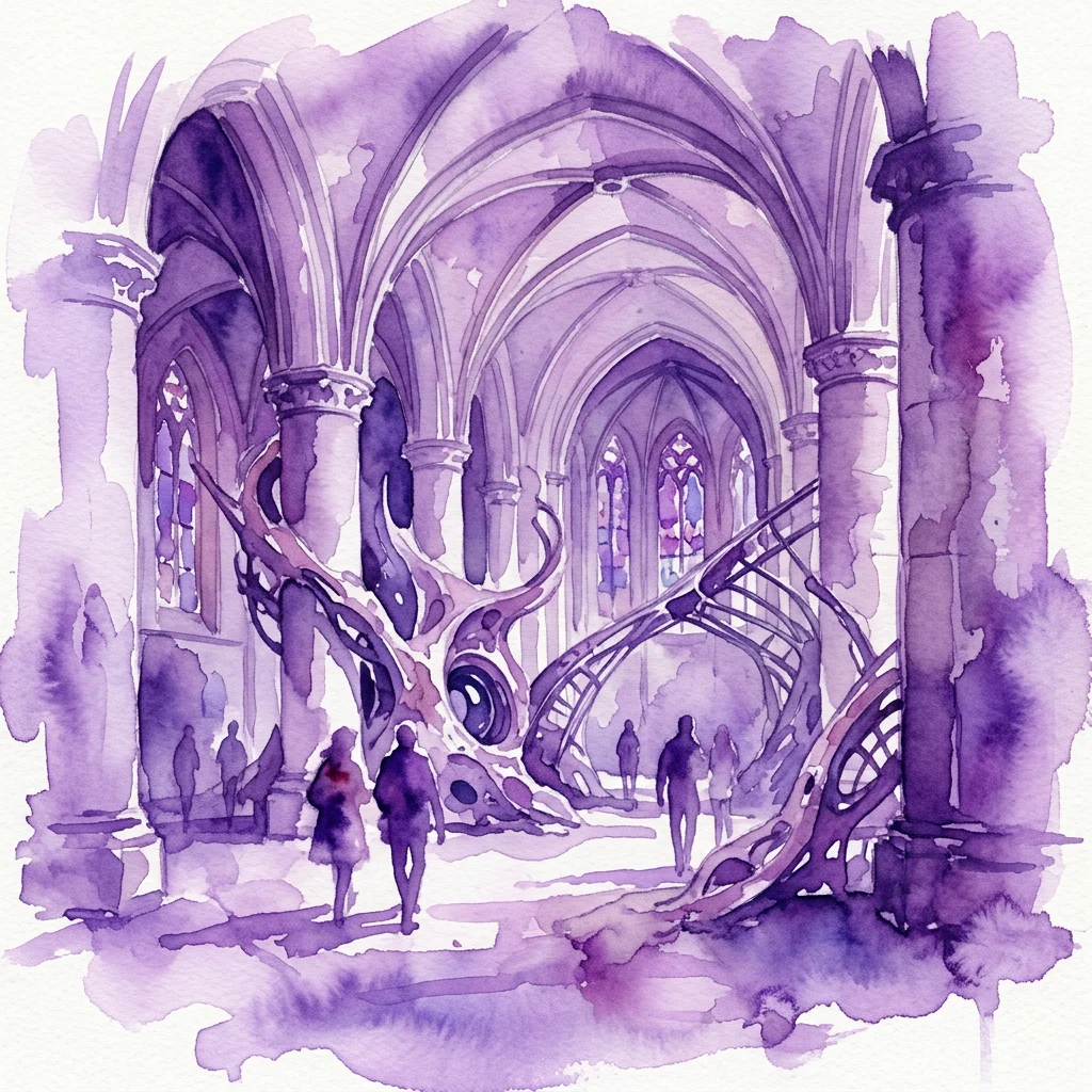 Watercolor rendering of Adrián Villar Rojas's 'Poems for Earthlings' installation in a historic church, featuring futuristic sculptural forms, arched ceilings, and visitors exploring the space.
