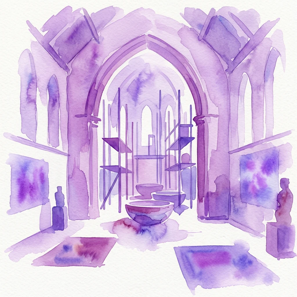 Watercolor rendering of a site-specific art installation in a historic church, featuring purple-hued arches, industrial scaffolding, basins, and projected imagery on carpets and sculptures, evoking themes of social resistance and historical change.