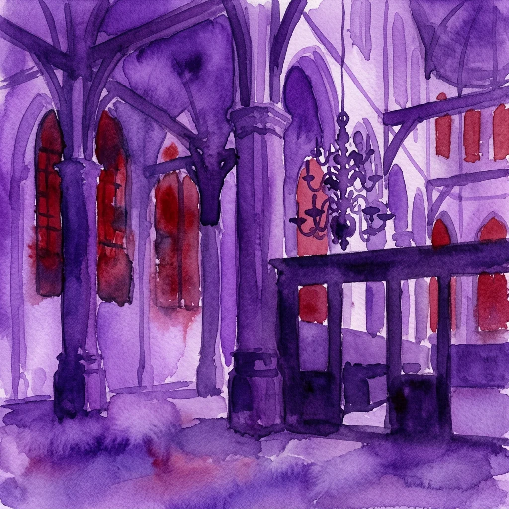 A watercolor rendering of the interior of Oude Kerk, featuring purple and red light effects from Giorgio Andreotta Calò's 2018 installation 'Anastasis', highlighting Gothic architecture and a chandelier.