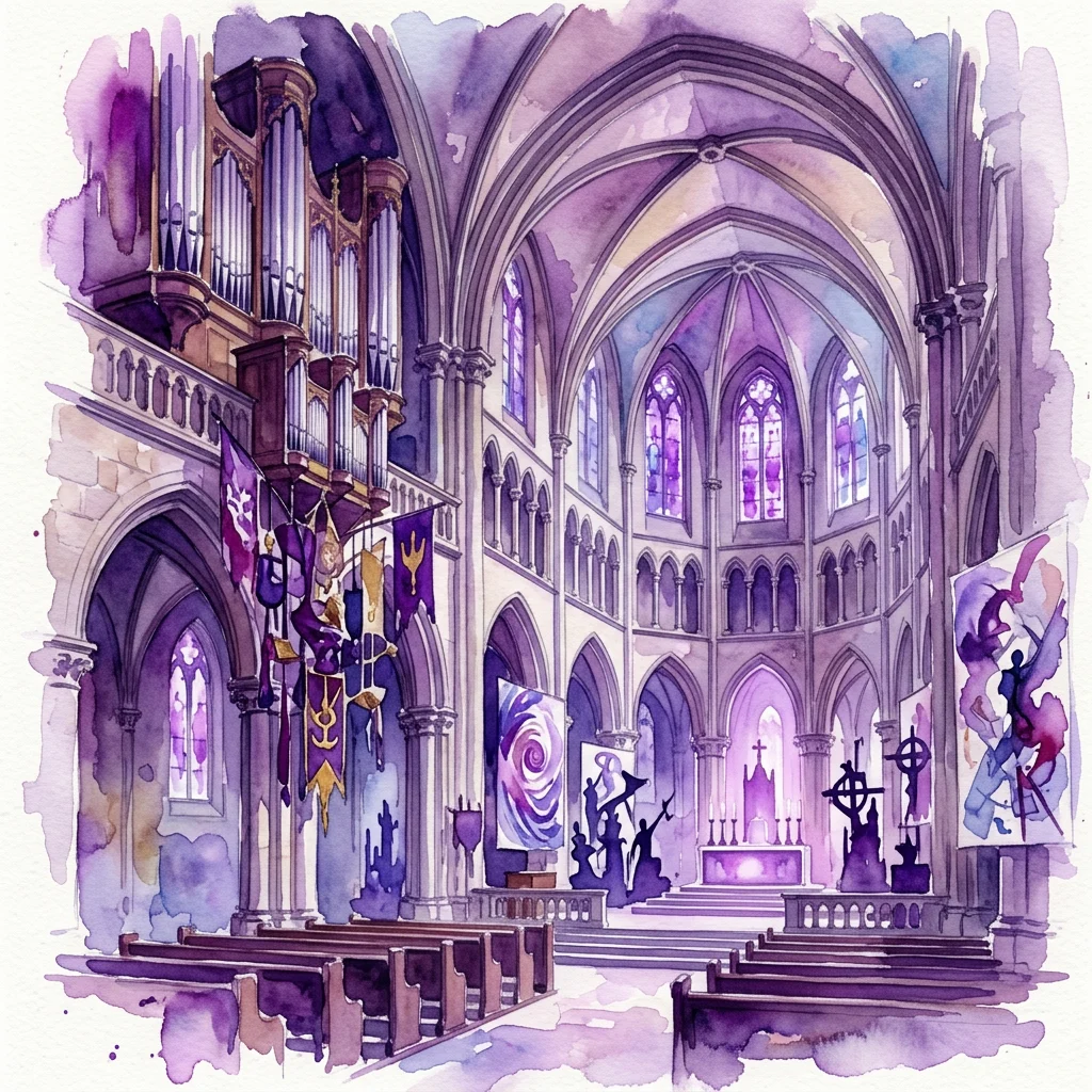 Ilustración en acuarela del interior de una iglesia histórica con vidrieras de tonalidad púrpura, un órgano e instalaciones de arte contemporáneo de Antonio Obá, que reflexionan sobre la historia colonial y la fusión cultural.
