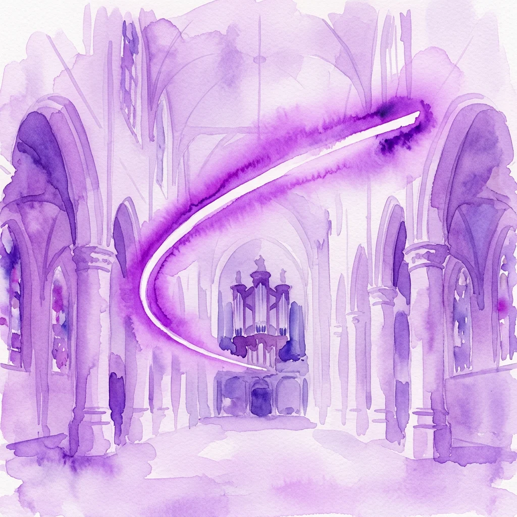 A watercolor rendering of a curved light installation in a historic church nave, with a pipe organ in the background, evoking a serene and contemplative atmosphere.