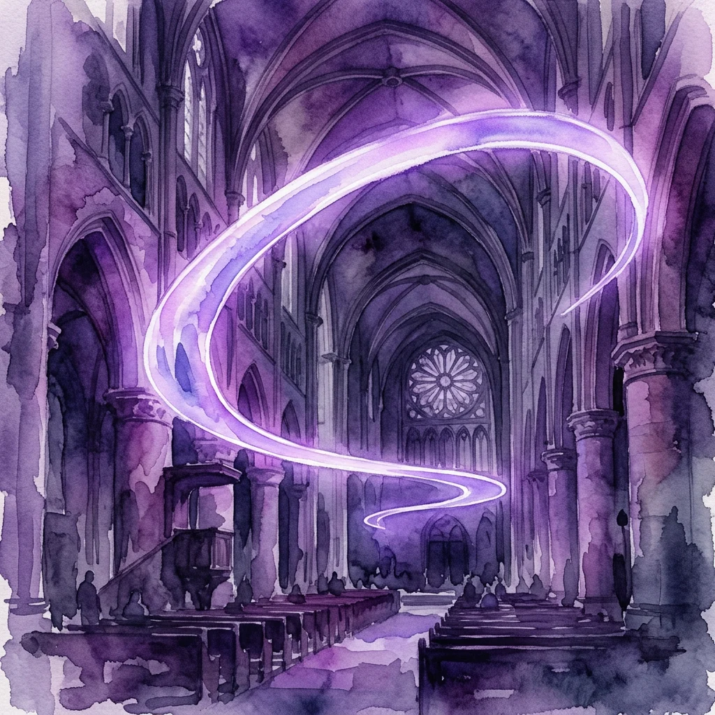 Een aquarelweergave van een grootschalige lichtinstallatie in een historische kerk, met een gloeiende paarse spiraal die door het middenschip kronkelt, in interactie met de architectuur en een etherische, contemplatieve sfeer creëert.