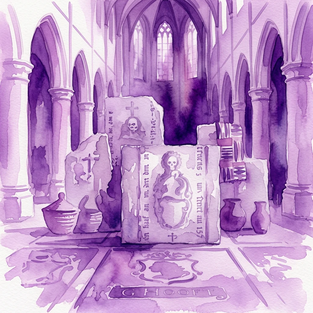 Ilustración de acuarela morada de la instalación 'Garden of Scars' de Ibrahim Mahama en una iglesia histórica, con esculturas de lápidas de hormigón y objetos domésticos, con iluminación dramática y largas sombras.