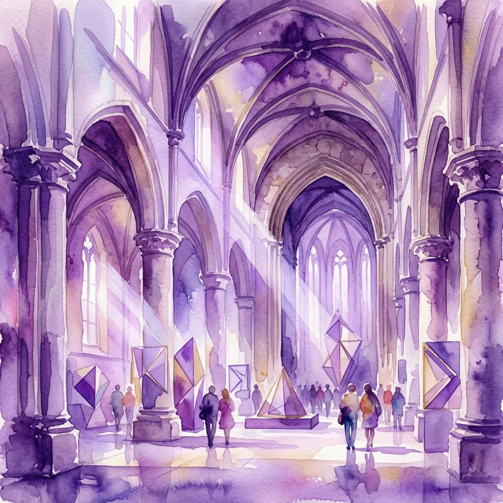 Representación en acuarela de la exposición 'Geometry of the Scattering' de Germaine Kruip en una iglesia histórica, con esculturas geométricas iluminadas por luz natural a través de ventanas arqueadas.