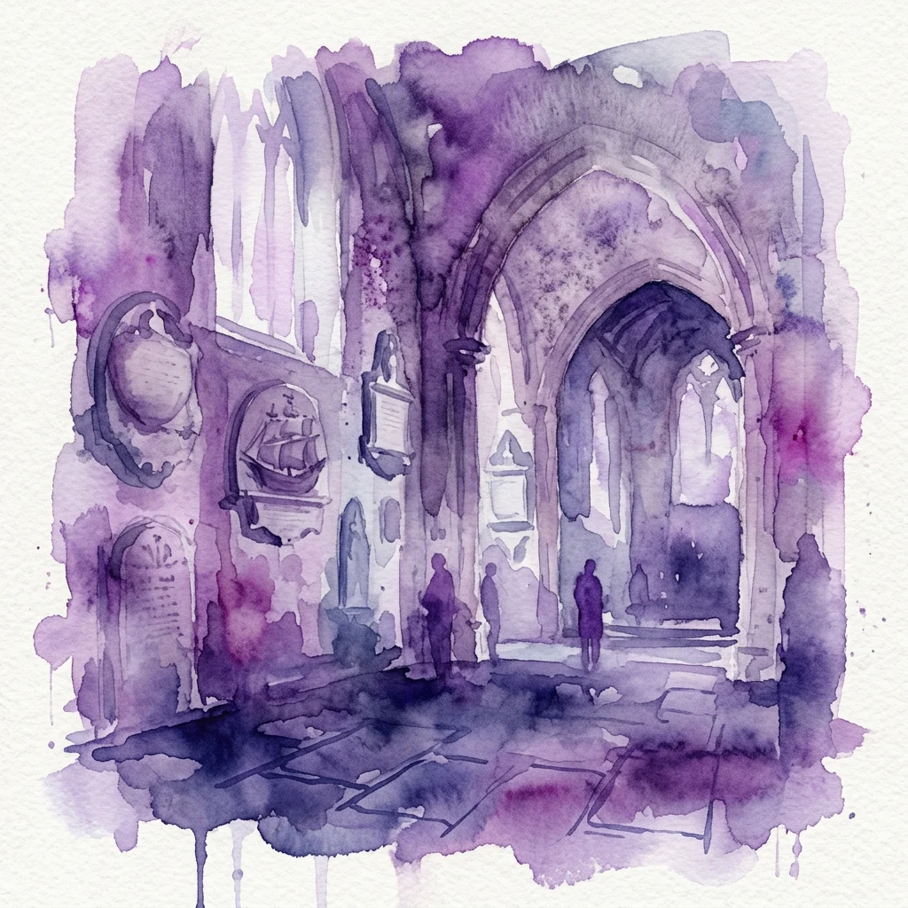 Een aquarel van het interieur van een historische kerk met boogvormige deuropeningen, stenen monumenten en ge silhouetteerde figuren, weergegeven in paarse en blauwe tinten.