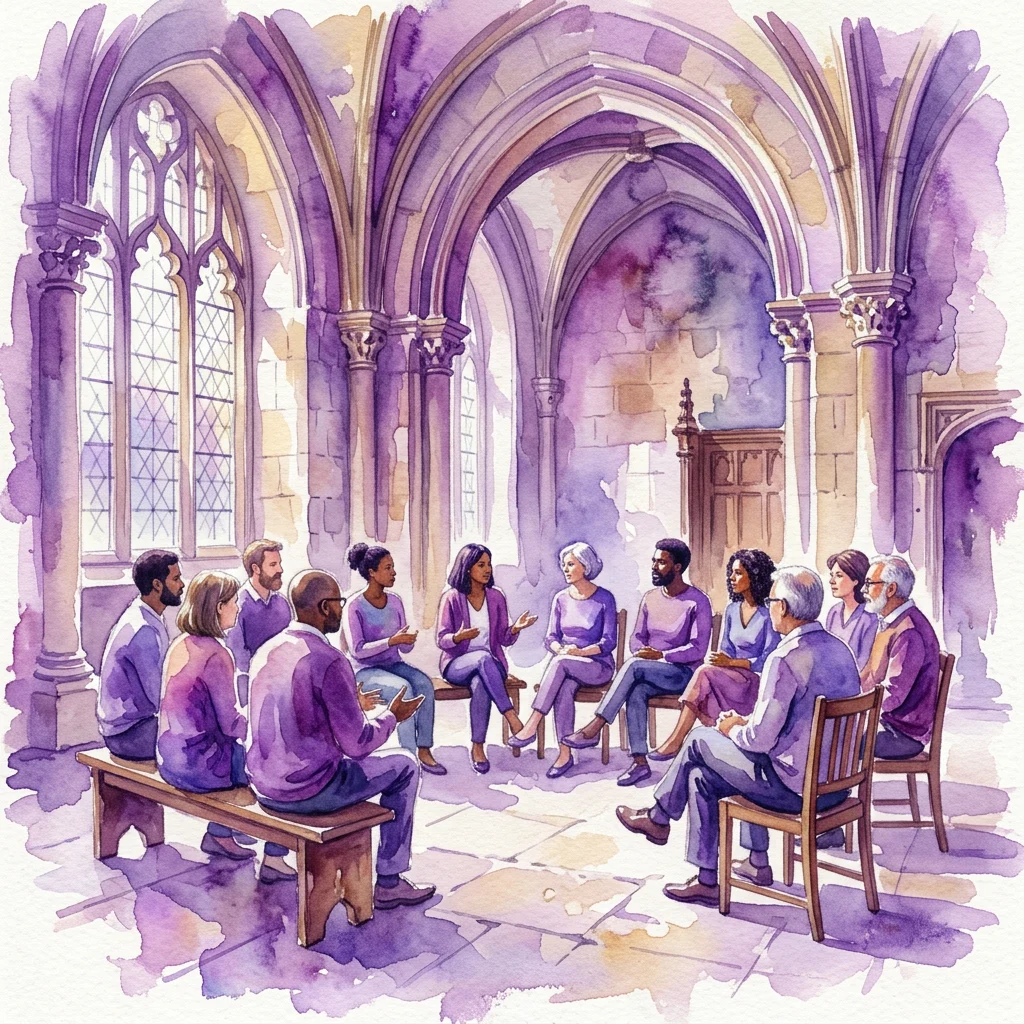 Een aquarelillustratie van een diverse groep mensen die in een cirkel zitten in het interieur van een historische kerk, in gesprek onder zacht natuurlijk licht.