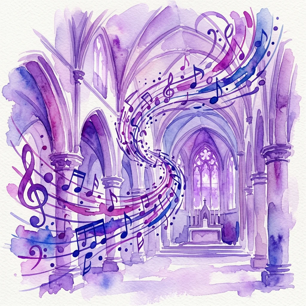 Una ilustración abstracta en acuarela del interior de una iglesia con notas musicales arremolinadas y claves de sol, que representan la inmersiva instalación de sonido de Janet Cardiff y George Bures Miller.