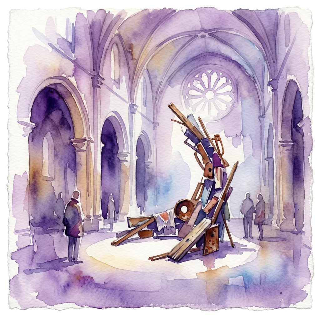 A watercolor illustration of Jesse Darling's installation art in the Oude Kerk, featuring a sculpture made from reclaimed materials within a historic church interior with arched ceilings and a rose window.
