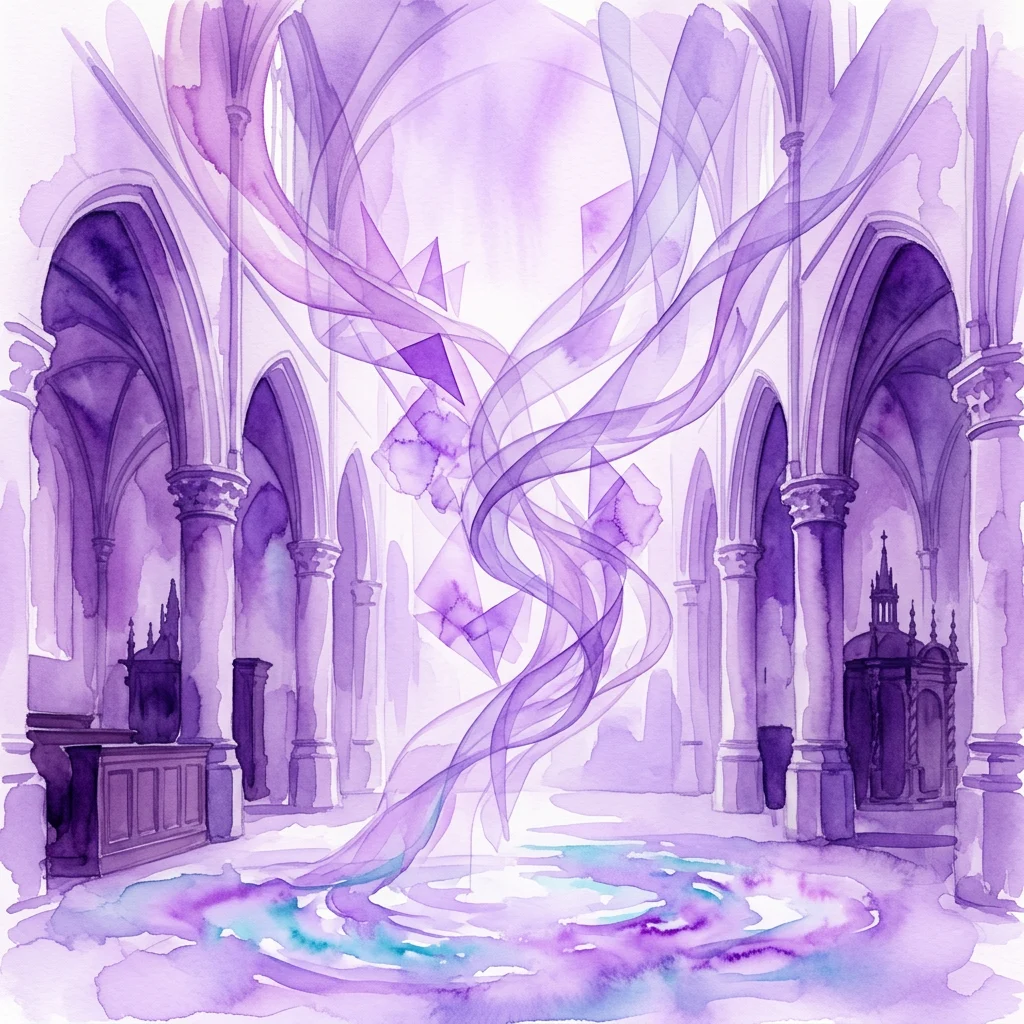 Una ilustración en acuarela de una instalación de arte conceptual en una iglesia gótica, con formas púrpuras arremolinadas y efectos de luz, que representa la exposición 'Into the Air' de Marinus Boezem, explorando la espiritualidad y la arquitectura.