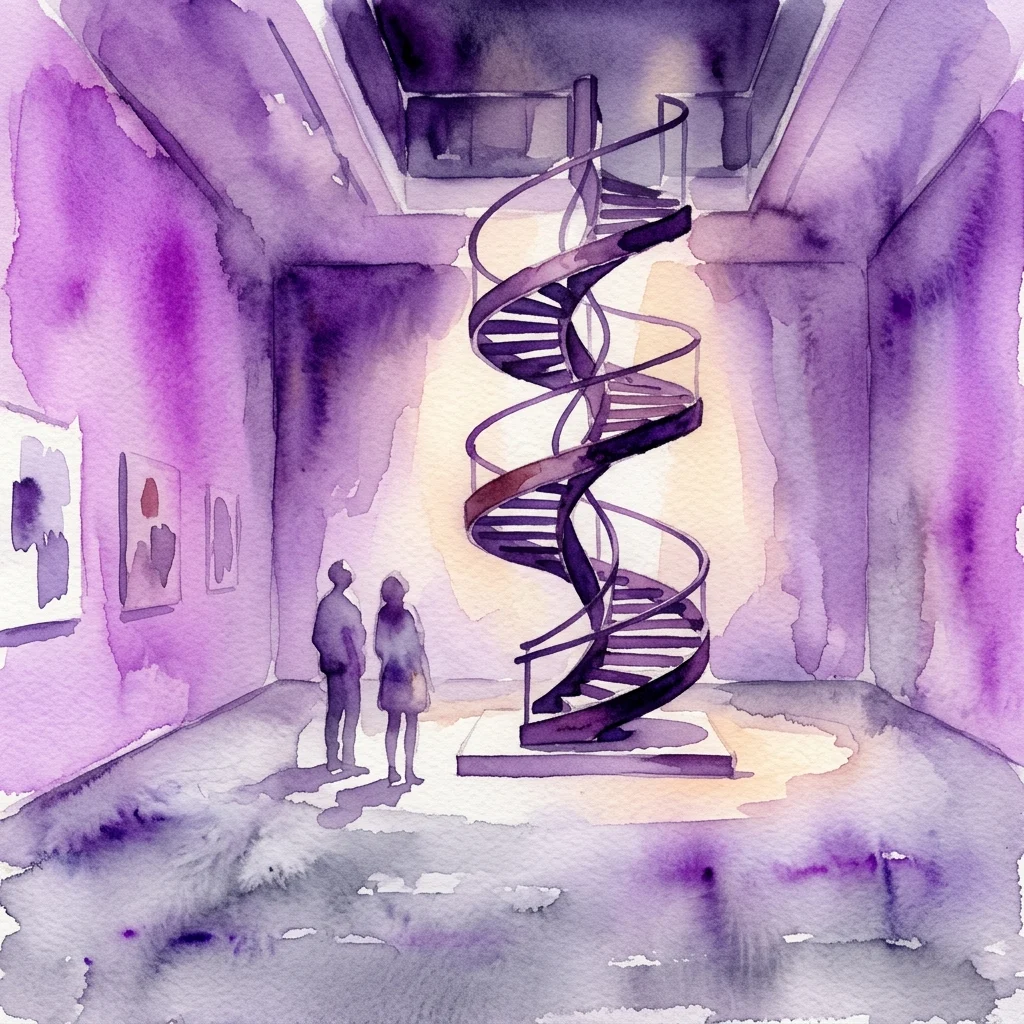 Watercolor illustration of a minimalist art gallery with a spiral staircase installation, illuminated by a spotlight, evoking introspection and distorted perception.