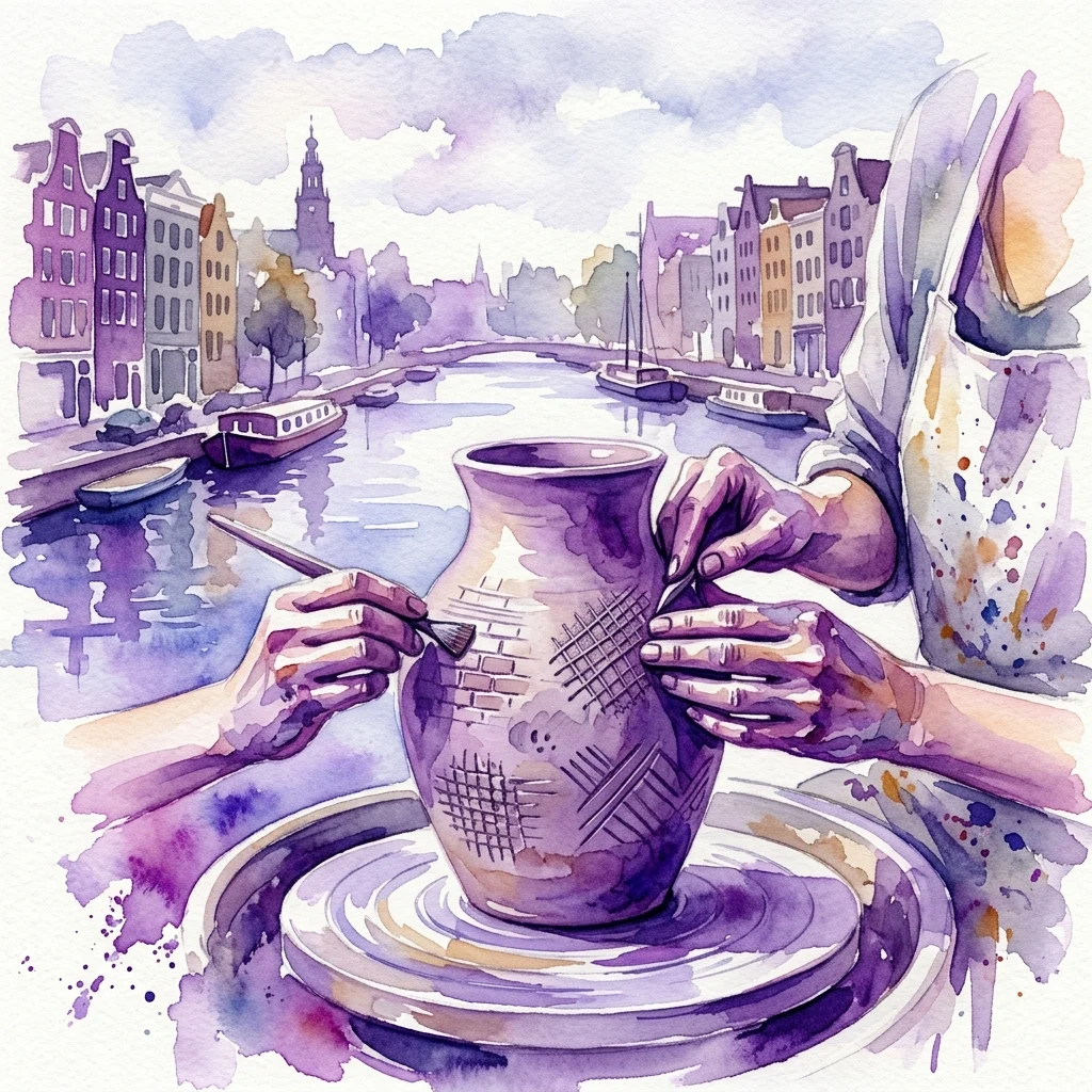 Manos de un artista dando forma a un jarrón de arcilla con patrones texturizados inspirados en la arquitectura de Ámsterdam, sobre un fondo de acuarela de los canales y edificios históricos de la ciudad.