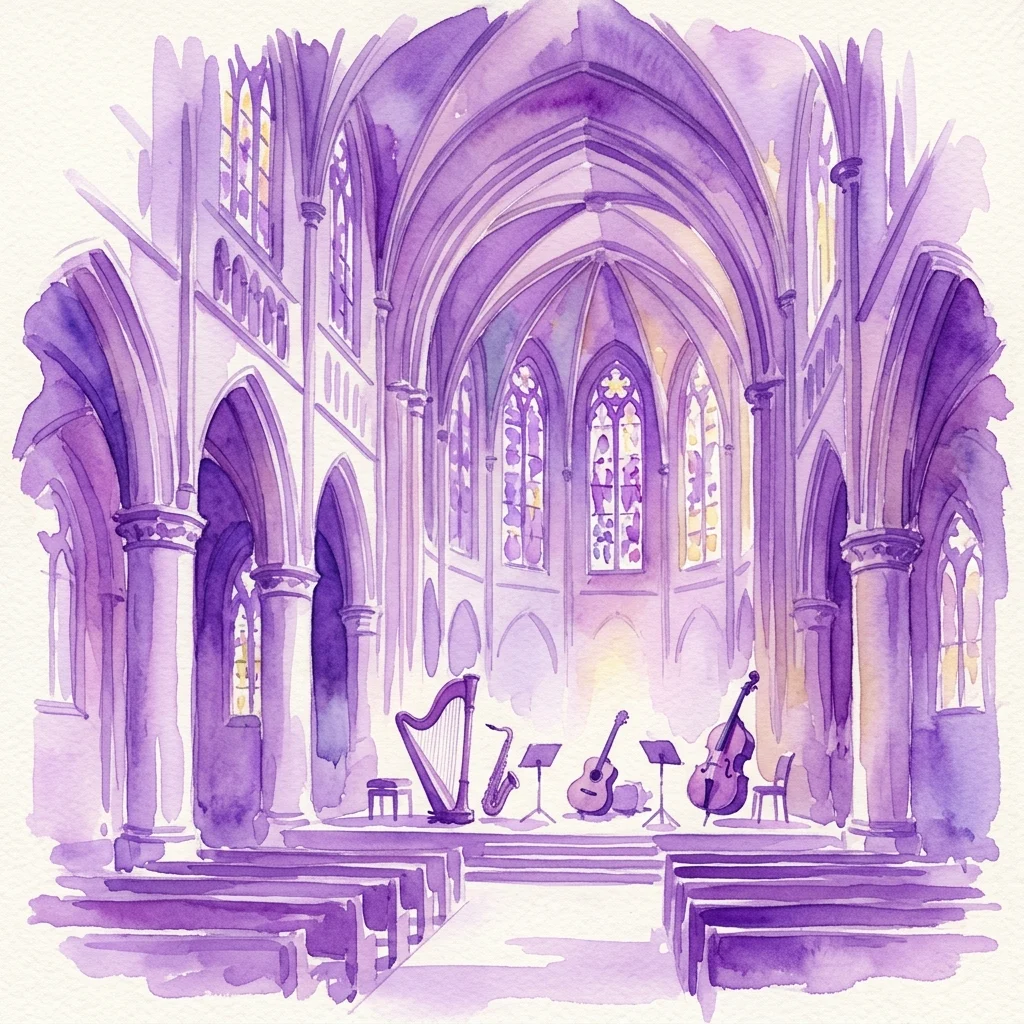A watercolor illustration of the interior of a historic church with arched ceilings and stained glass windows, featuring a stage with a harp, saxophone, guitar, and contrabass for a concert.