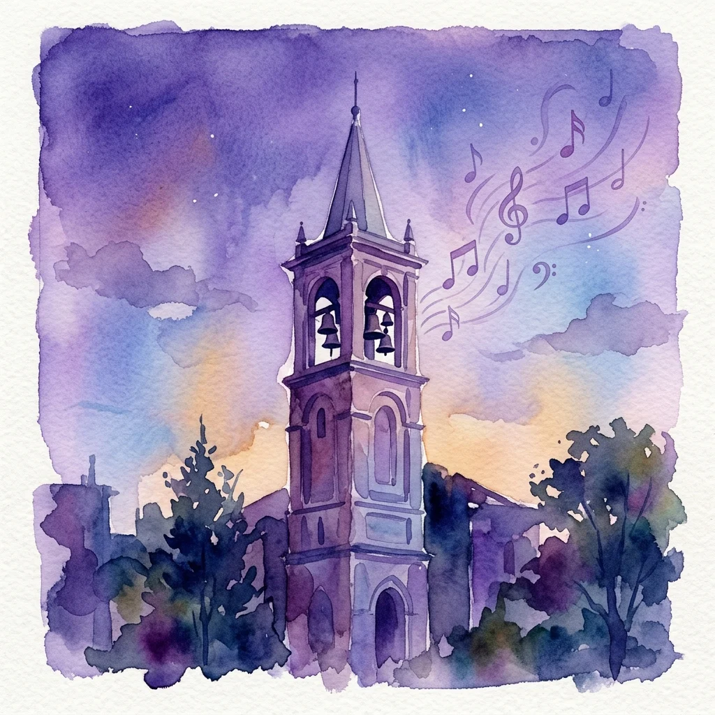 Waterverftekening van een kerktoren met een carillon, muzieknoten zwevend in een schemerige hemel, die de wereldpremière van 'Carillon Call' van Meredith Monk voorstellen.
