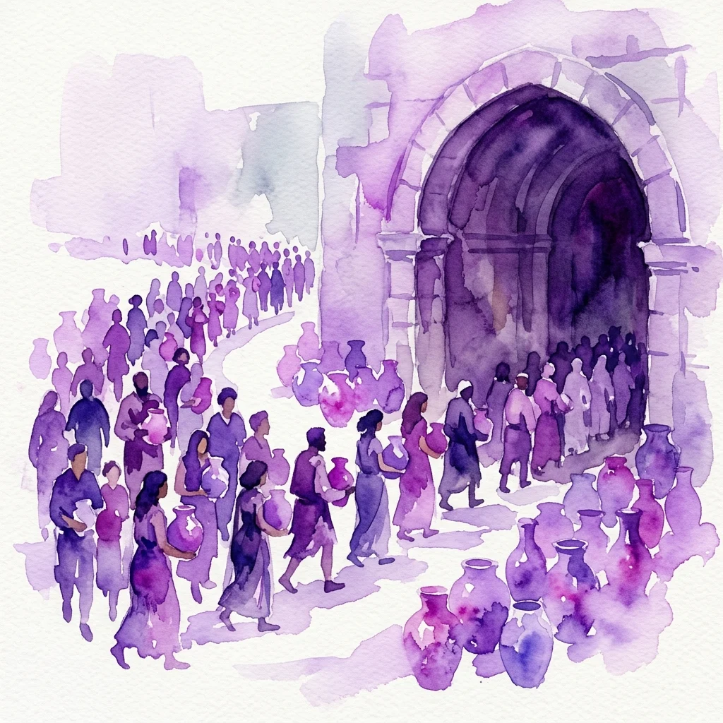 Una ilustración en acuarela de una procesión ceremonial entrando en una bóveda histórica de piedra, con personas portando jarrones de cerámica vidriada en una escena teñida de púrpura.