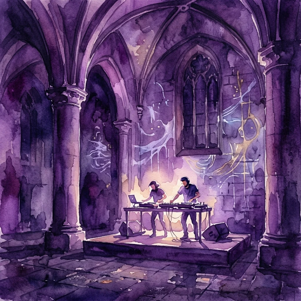 Een aquarelillustratie van twee dj's die elektronische muziek spelen op een klein podium in een historische stenen kerk met gewelfde plafonds en glas-in-loodramen, verlicht door paarse en gouden verlichting.