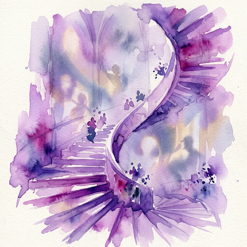 Abstract watercolor artwork depicting a spiral staircase with ethereal purple and blue hues, evoking spiritual imagination and early cinema in a historic church setting.