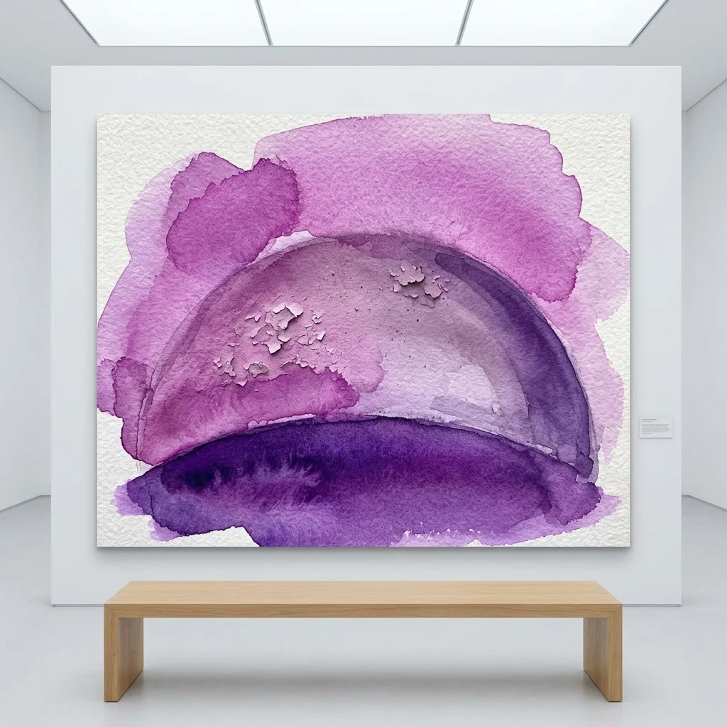 A large abstract photograph in purple and pink hues, showing textured church walls with peeling stucco and dust particles, displayed in a modern gallery setting.