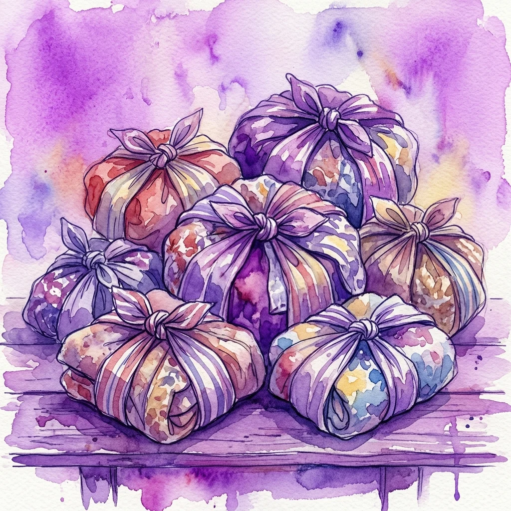A watercolor illustration of traditional Korean Bottari bundles, made from colorful, patterned fabrics and tied with ribbons, representing themes of migration and cultural exchange.