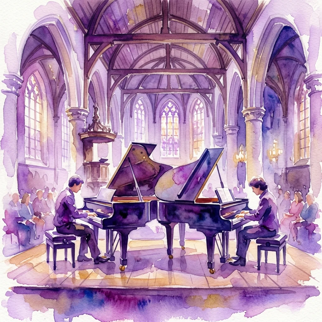 Two pianists performing a duet on grand pianos inside the historic Oude Kerk in Amsterdam, with arched ceilings and stained glass windows visible in the background.