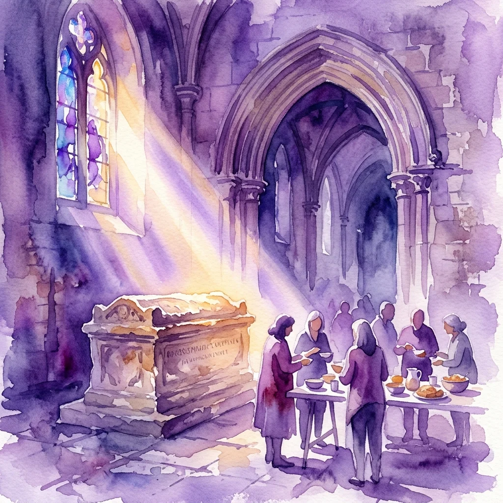 Ilustracja akwarelowa wydarzenia Saskia Ontbijt XL w Oude Kerk, przedstawiająca zabytkową kryptę oświetloną światłem słonecznym, z ludźmi zebranymi na śniadanie, co przywołuje poczucie wspólnoty i historycznej pamięci.