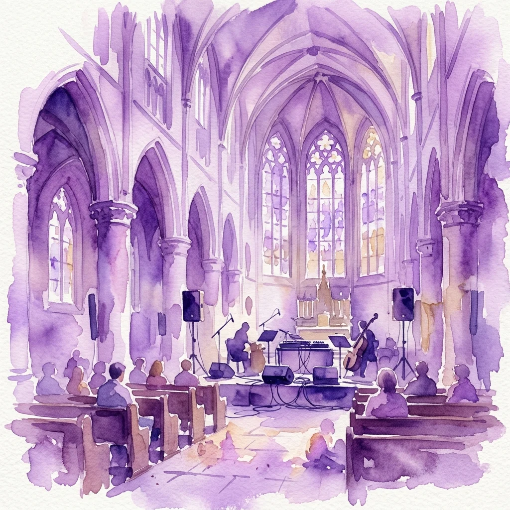 Een aquarelillustratie van een geluidsinstallatie in een historische kerk, met publiek op de stoelen en muziekinstrumenten op het podium, wat een meeslepende concertervaring oproept.