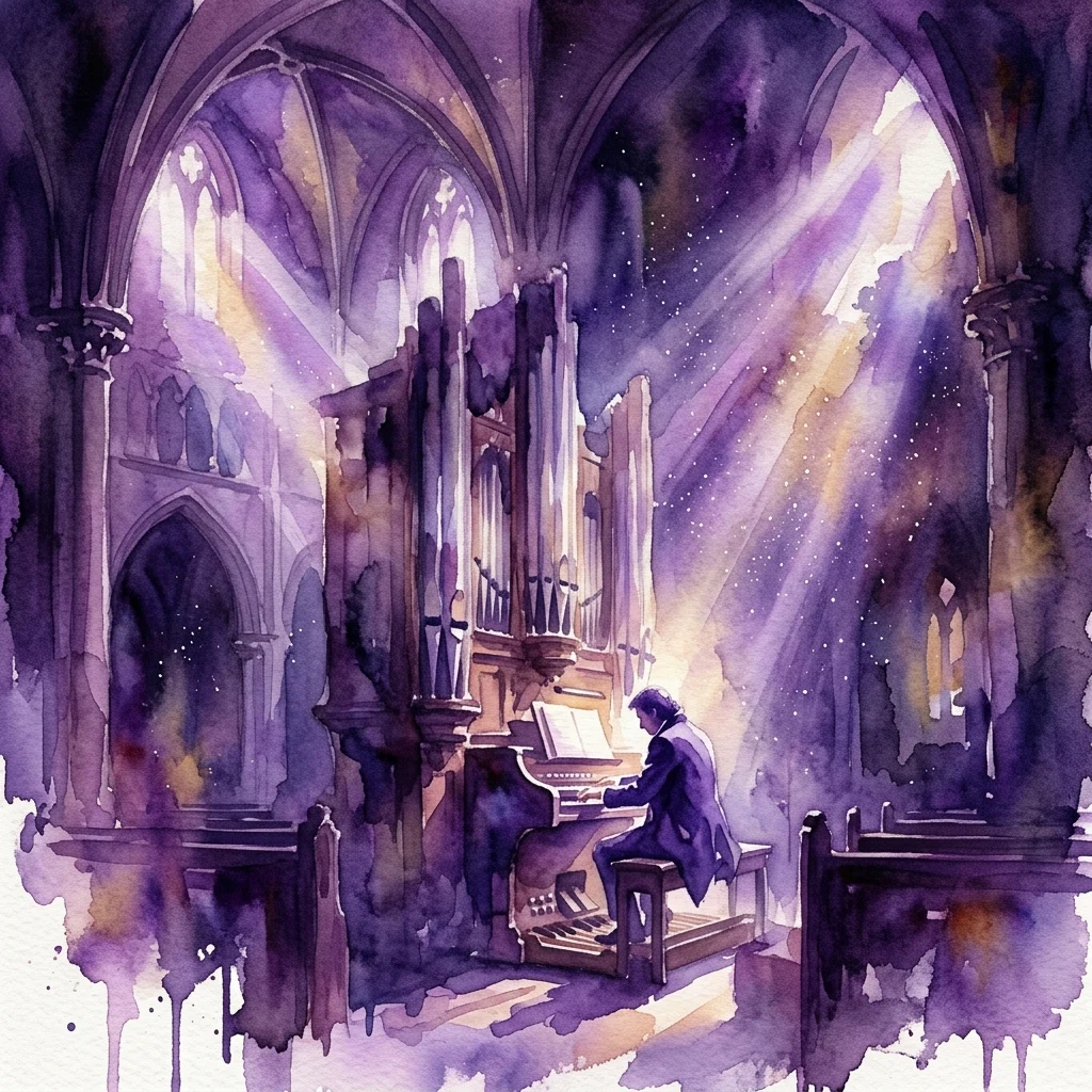 A watercolor illustration of composer Charlemagne Palestine playing the historic Vater-Müller organ in the Oude Kerk, with dramatic light beams and dust motes in a dimly lit church interior.