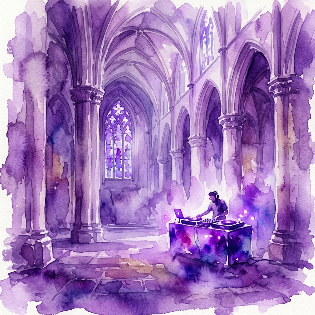A watercolor illustration of a DJ performing at a booth inside a Gothic church, with purple lighting and arched stone columns, representing the Silence #51: Upsammy music event.