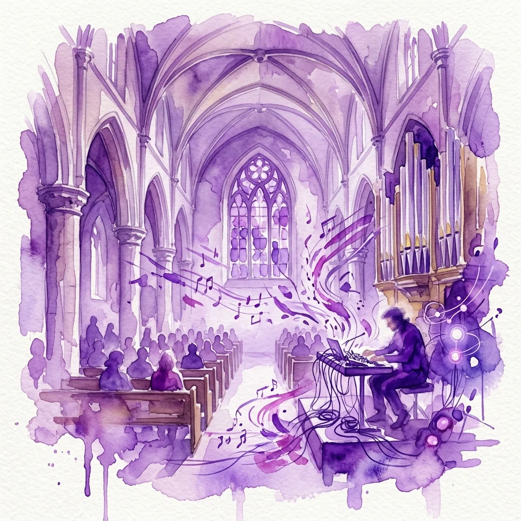 A watercolor illustration of a sonic installation performance in a historic church, featuring a musician at a keyboard with electronic music, fragmented voices, and organ sounds, creating an atmospheric experience for an audience.