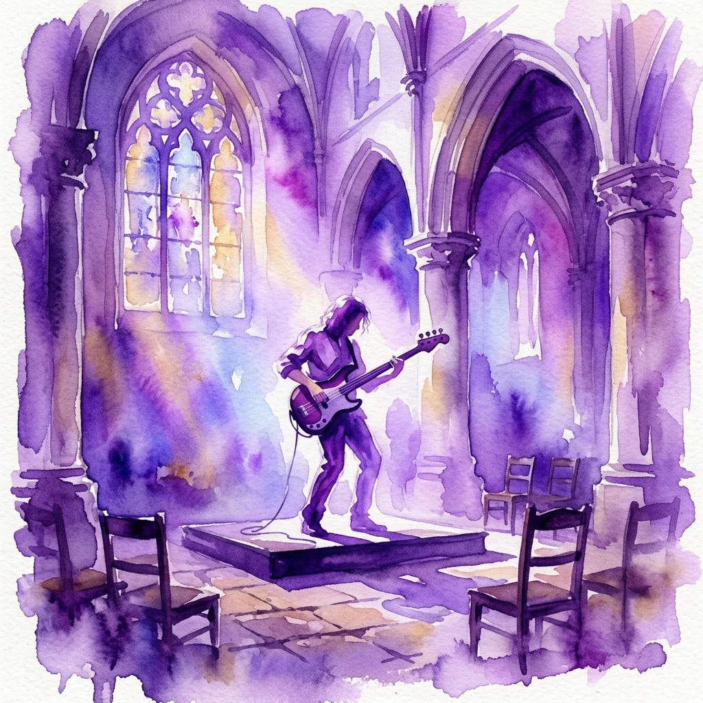 A watercolor illustration of a bass guitarist performing in the Oude Kerk, with stained glass windows casting purple light, part of the Silence #69 series.