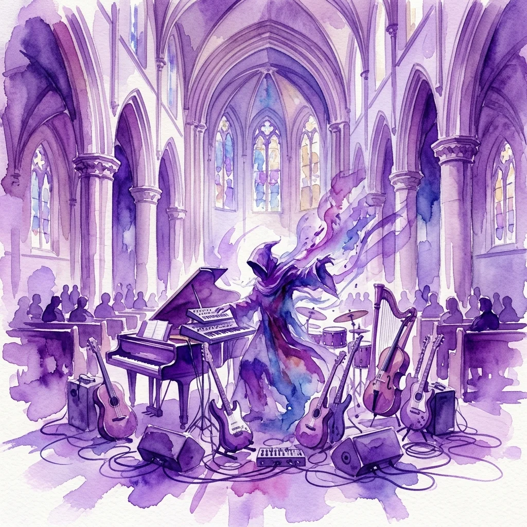 An improvisational music performance by Phantom Wizard in the historic Oude Kerk, featuring a multi-instrumentalist surrounded by pianos, guitars, and electronic equipment under stained glass windows.