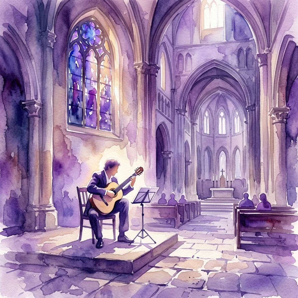 A classical guitarist performs in the historic Oude Kerk, a grand church with stained glass windows and stone arches, as part of the Silence music series.
