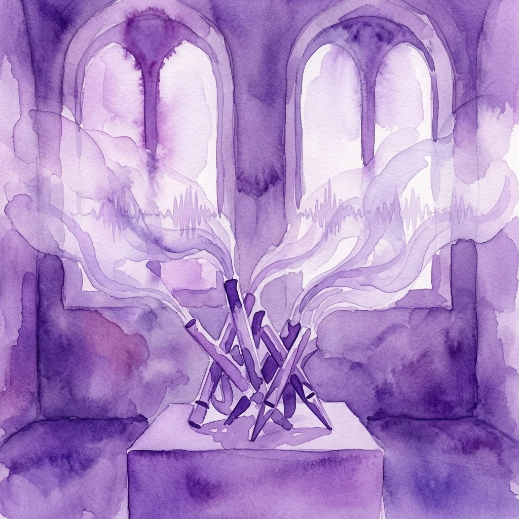 A watercolor depiction of Susan Philipsz's 'Broken Ensemble' sound installation in a church, showing sculpted organ pipes on a pedestal with sound waves emanating, rendered in purple hues.